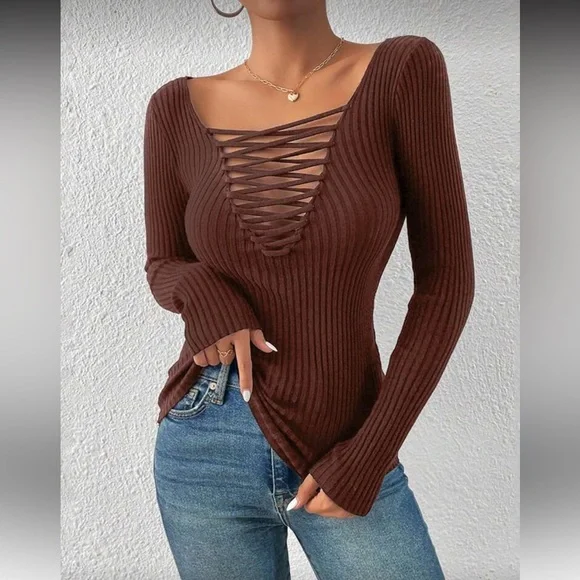 Cozy crisscross front ribbed knit sweater top - Picture 1 of 6